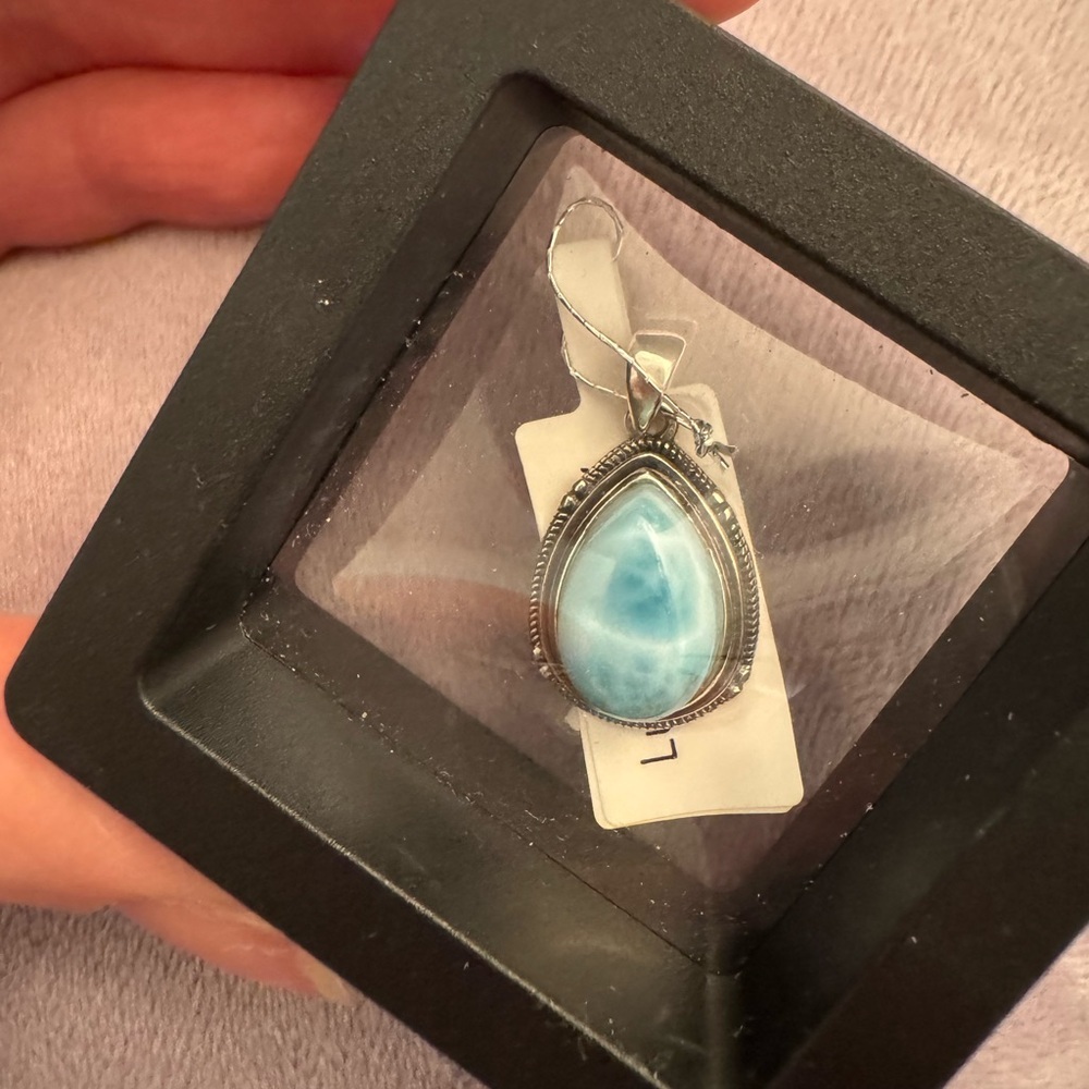 925 silver Larimar teardrop pear pendant blue crystal gemstone bezel set antique - Picture 3 of 6